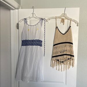 2 BUNDLE White Sundress Blue Embroidered Waist S &Crocheted Top XS SEE PICS*FLAW